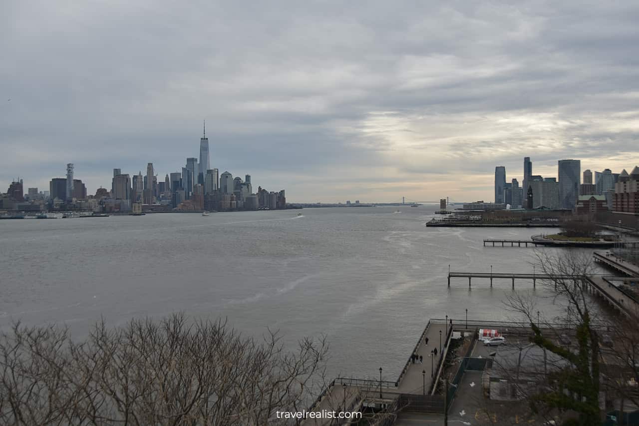 Views of Hudson River, Lower Manhattan, and Jersey City from Castle Point Lookout in Hoboken, New Jersey, US