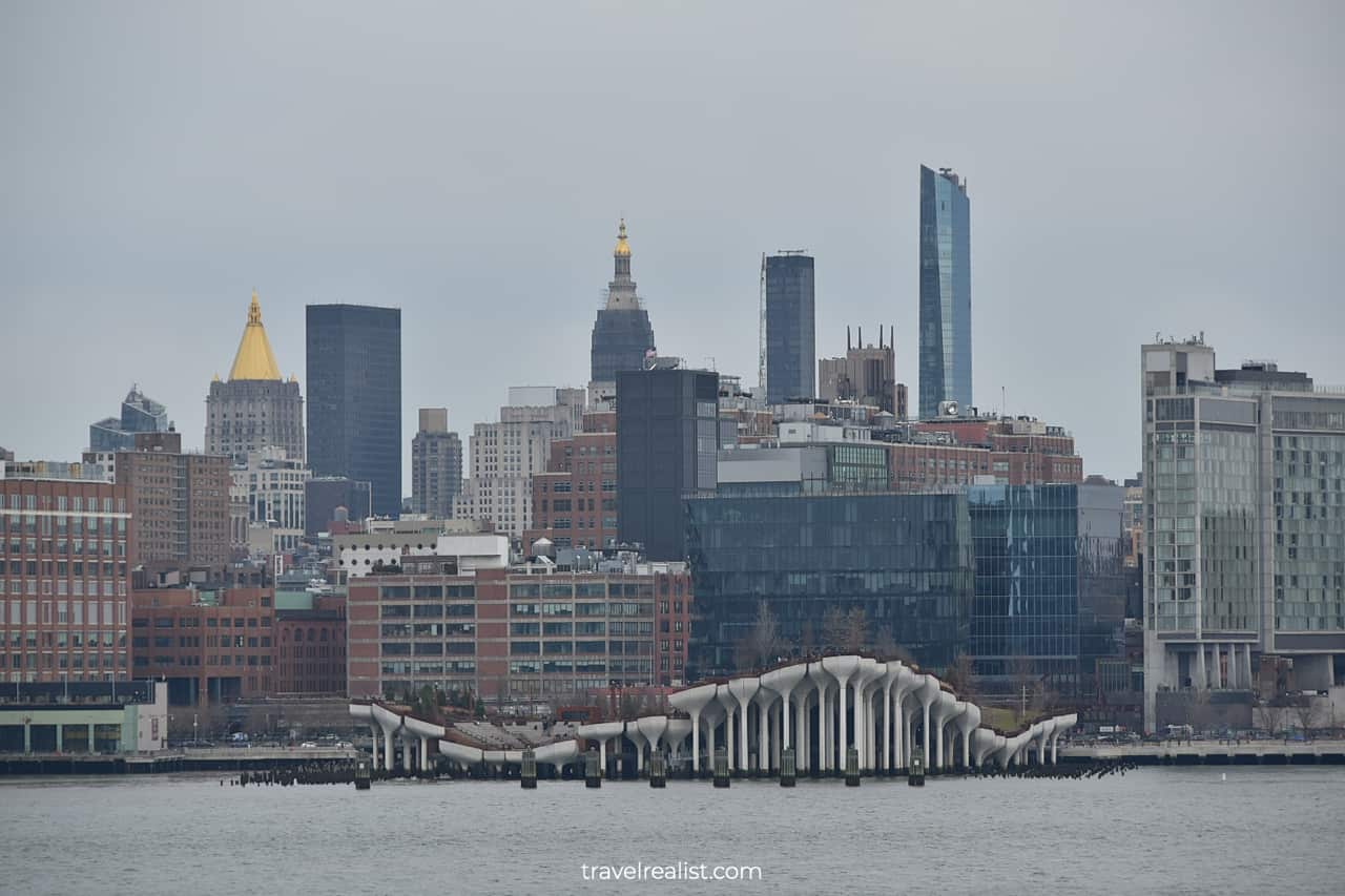 Little Island Park views in New York City from Hoboken, New Jersey, US