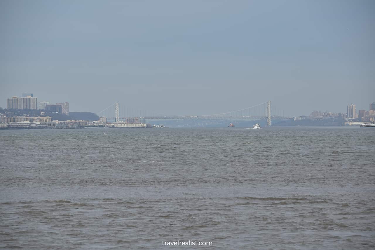 Distant views of George Washington Bridge over Hudson River from Hoboken, New Jersey, US
