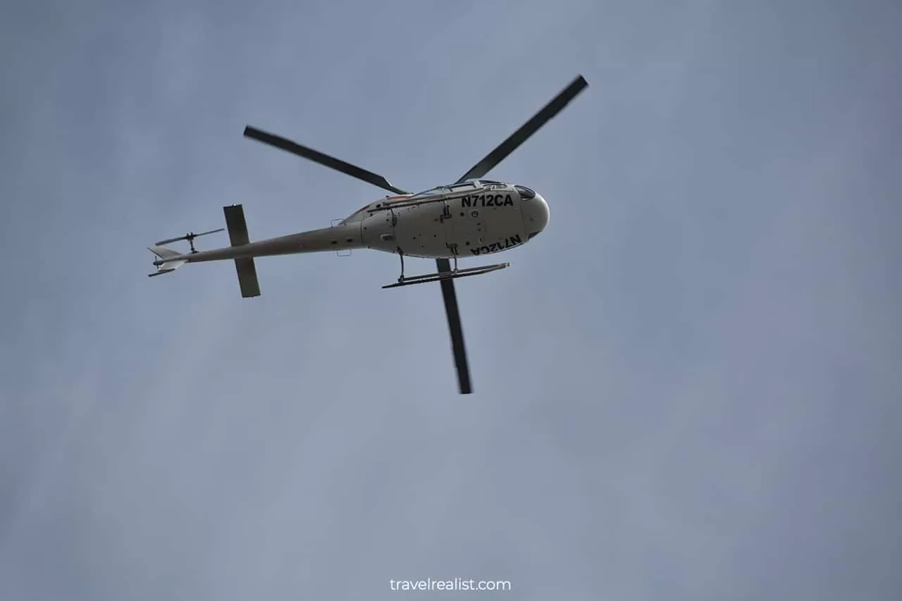 Police helicopter flying above Pier A Park in Hoboken, New Jersey, US