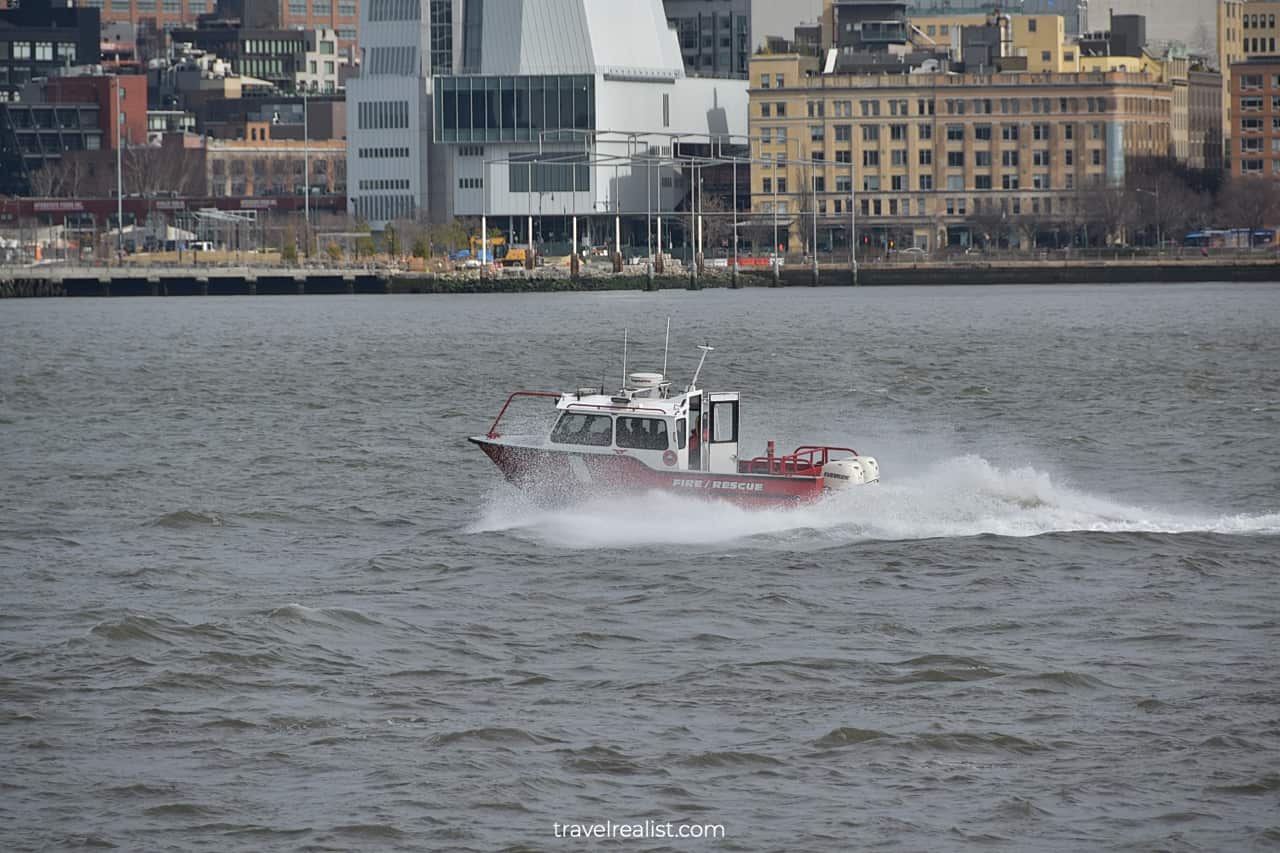 Rescue boat on Hudson River near Hoboken, New Jersey, US