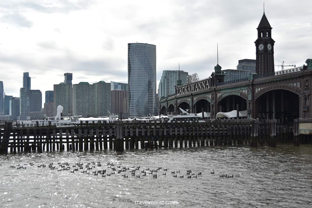 Lackawanna Railroad Terminal views from Pier A Park in Hoboken, New Jersey, US