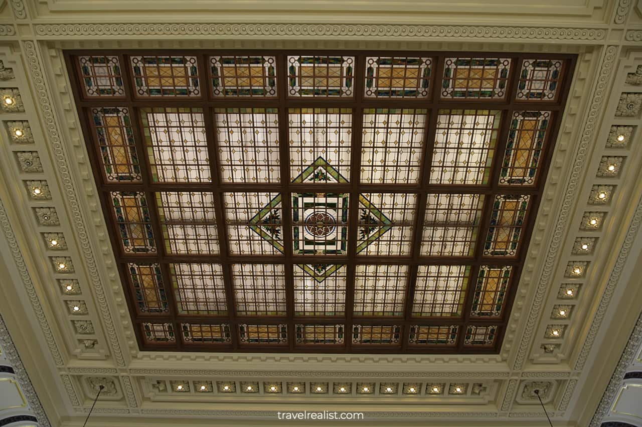 Stained glass ceiling inside waiting room of Lackawanna Railroad Terminal in Hoboken, New Jersey, US