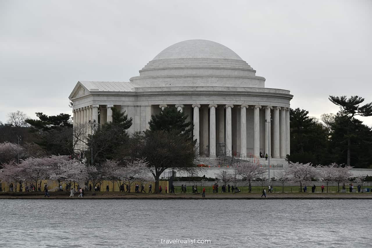 Crowds at Thomas Jefferson Memorial during cherry blossom season in Washington, D.C., United States