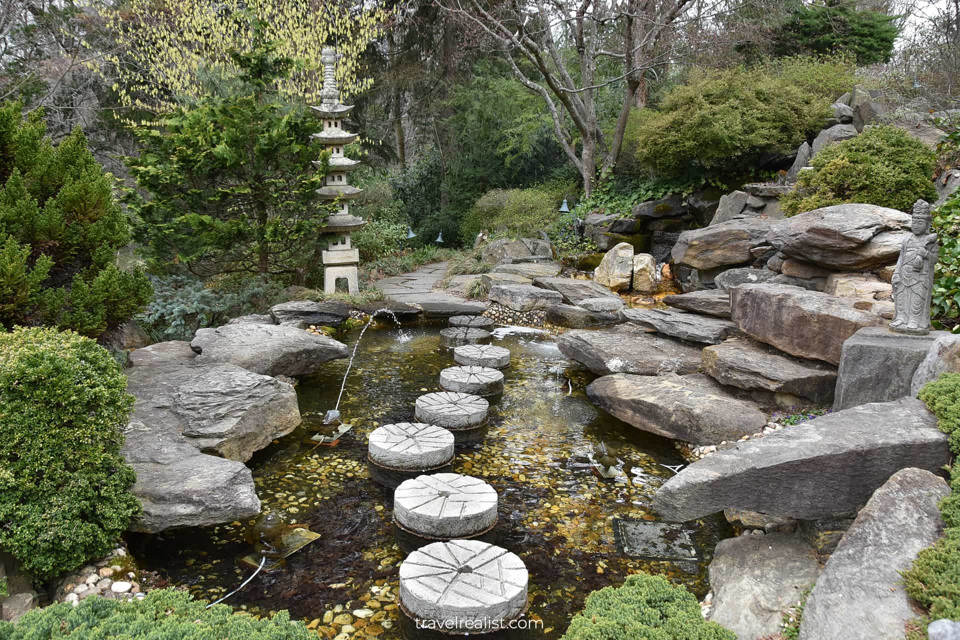 Path through pond at Japanese Garden in Hillwood Estate in D.C., United States
