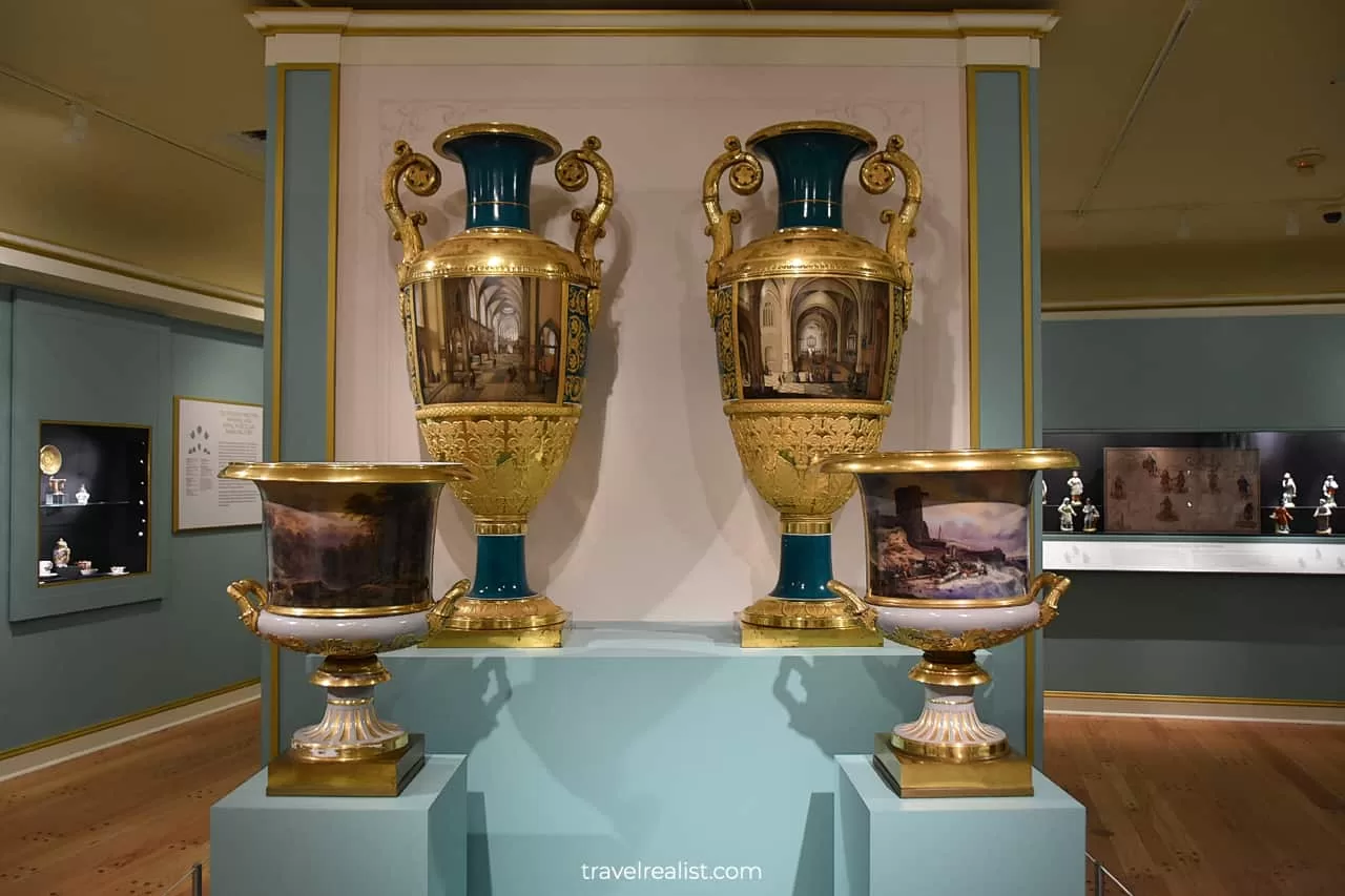 Vases and urns on display in Dacha at Hillwood Estate in D.C., United States