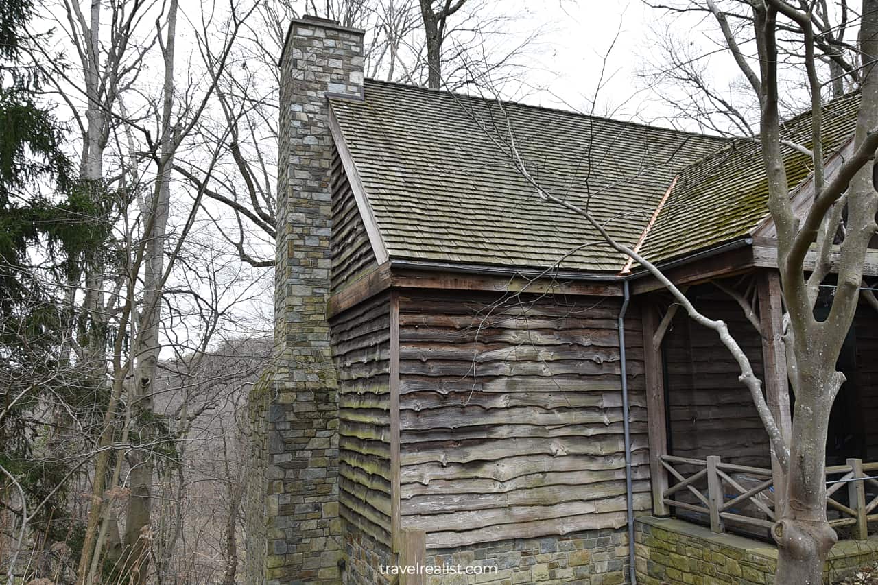 Live edge wood siding of Adirondack Building at Hillwood Estate in D.C., United States