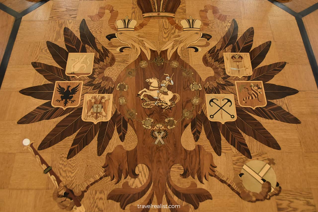 Coat of Arms of Russian Empire on hardwood floor of Hillwood Estate in D.C., United States