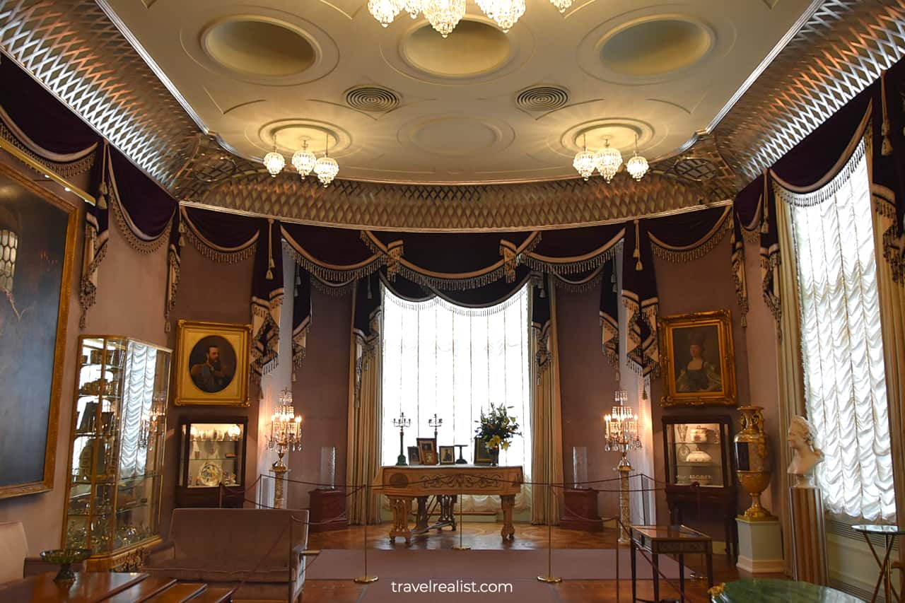 Royal piano and paintings in Pavilion of Hillwood Estate in D.C., United States