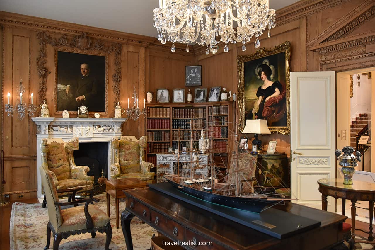 Model ship and fireplace in First Floor Library of Hillwood Estate in D.C., United States