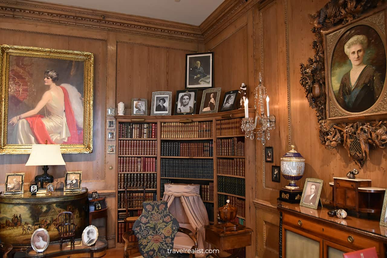 Books and portraits in First Floor Library in Hillwood Estate in D.C., United States