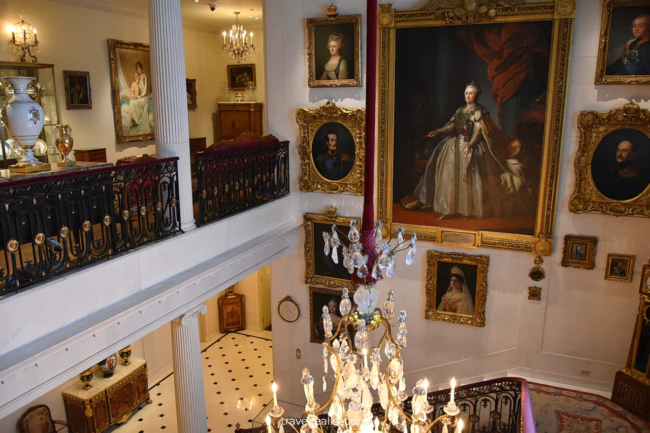 Portraits, vases, and exhibits in Second Floor Hall of Hillwood Estate in D.C., United States
