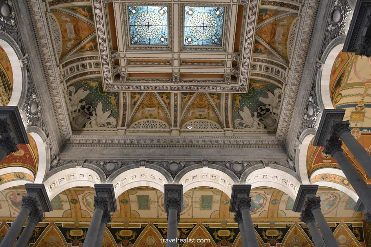 Arches and stained glass ceiling panels in Library of Congress in Washington, D.C., United States