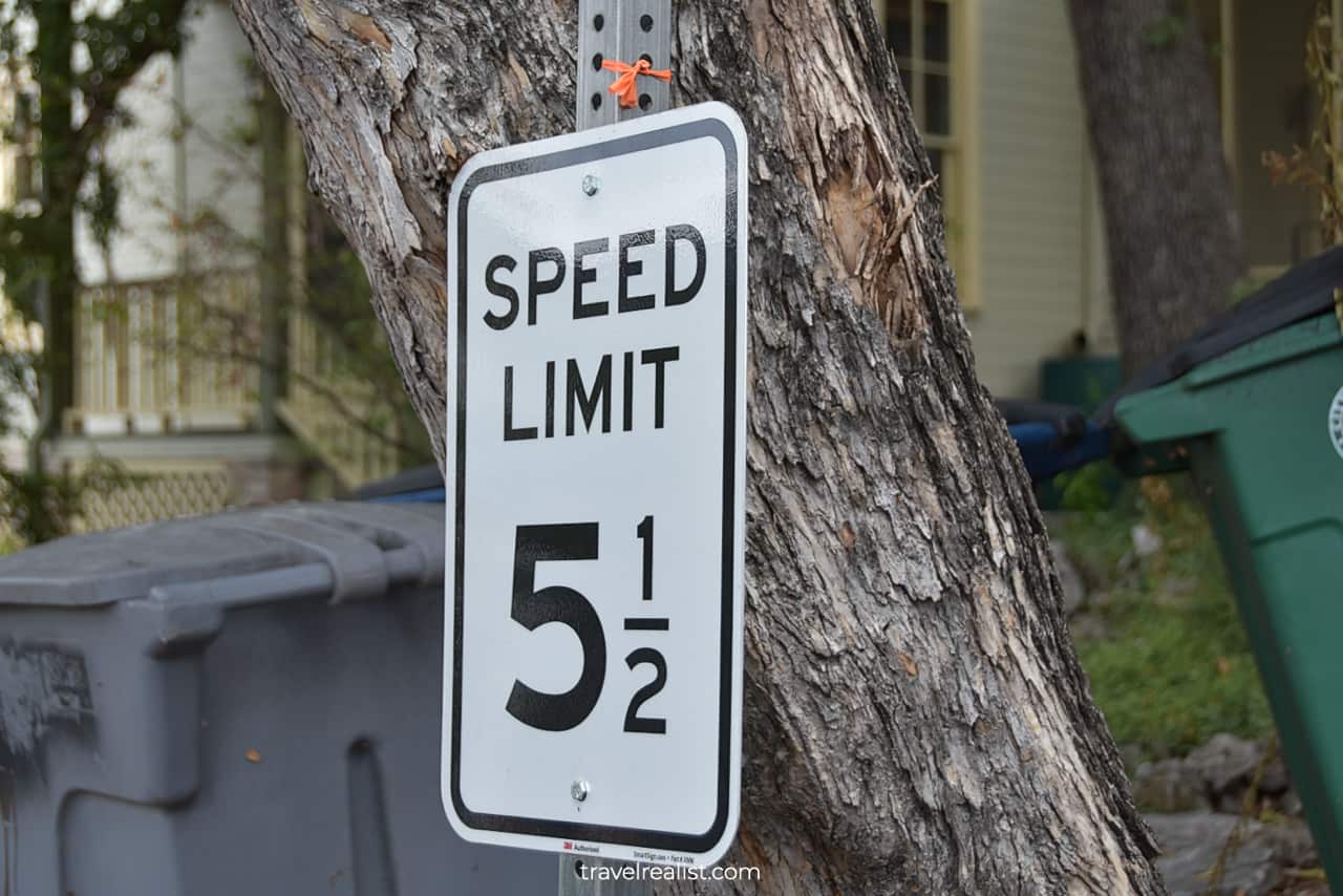 5 and a half miles speed limit sign near Flower Hill Urban Homestead museum in Austin, Texas, US