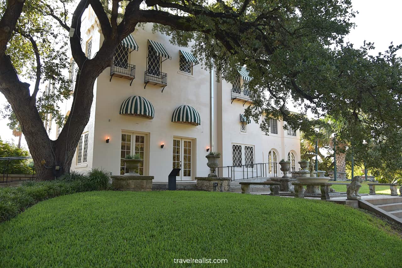 Fountains in front of Driscoll Villa in The Contemporary Austin Laguna Gloria in Texas, US