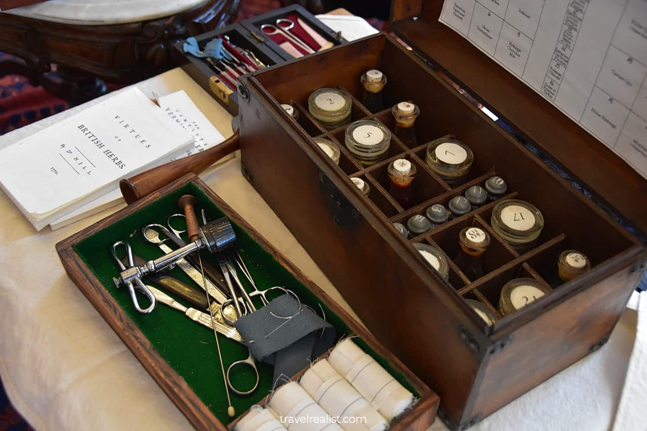 Medical exhibits in Back Parlor at Neill-Cochran House Museum in Austin, Texas, US