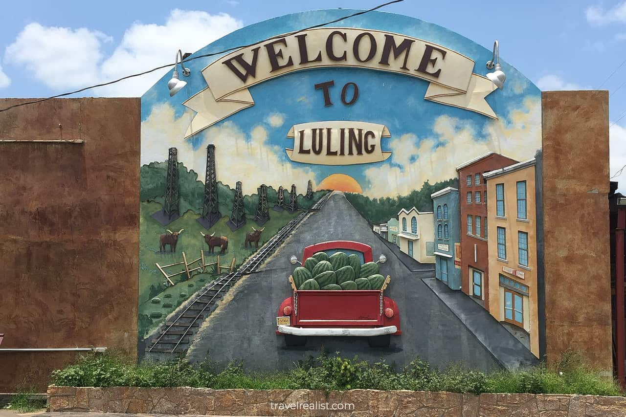 Welcome to Luling sign near Palmetto State Park, Texas, US