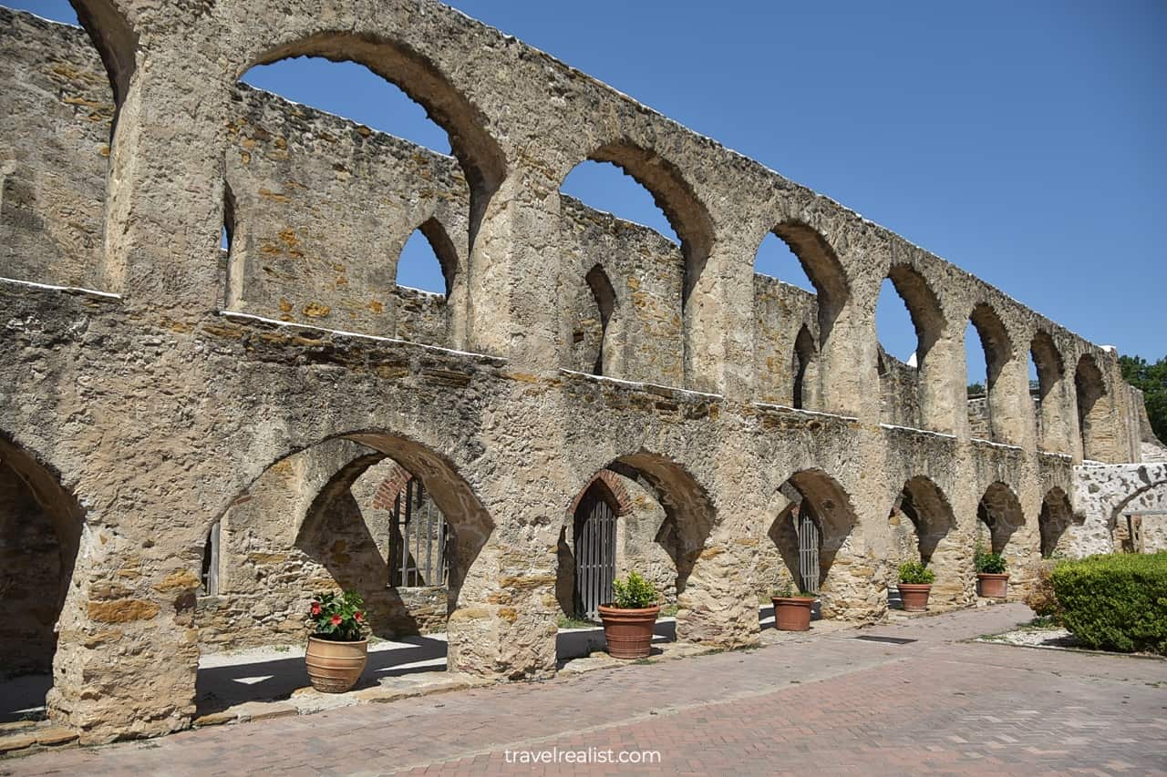 Stone arches in historic convento at Mission San Jose in San Antonio Missions National Historical Park in San Antonio, Texas, US