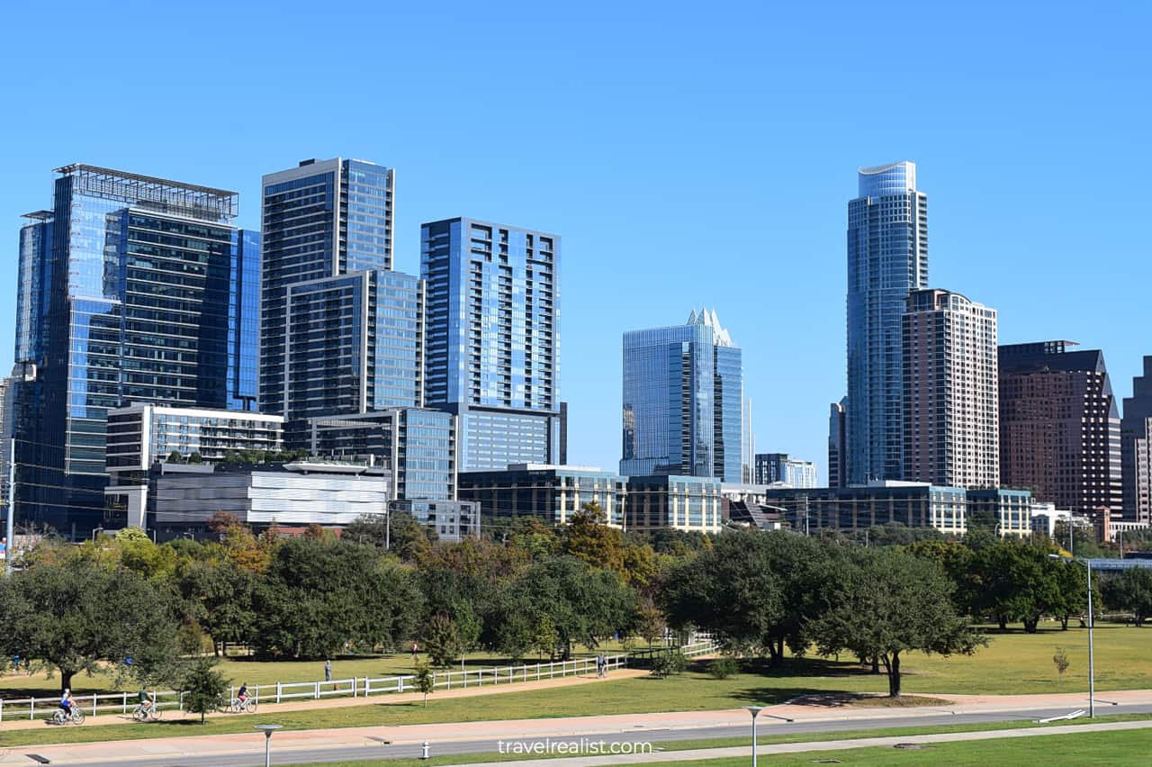 Austin panorama from Auditorium Shores on Butler Hike and Bike Trail in Austin, Texas, US