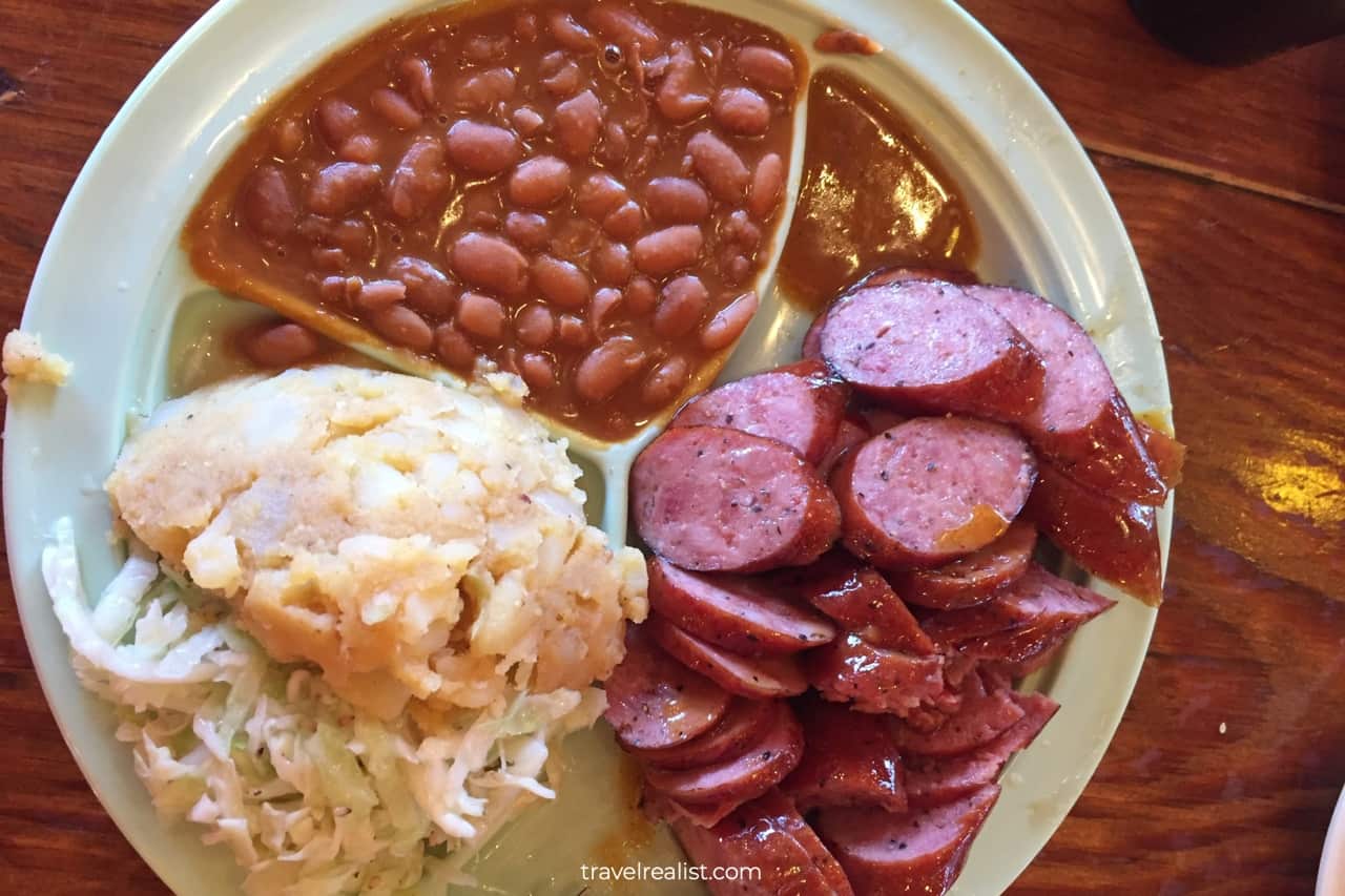 Sausage plate at Salt Lick BBQ in Driftwood near Austin, Texas, US