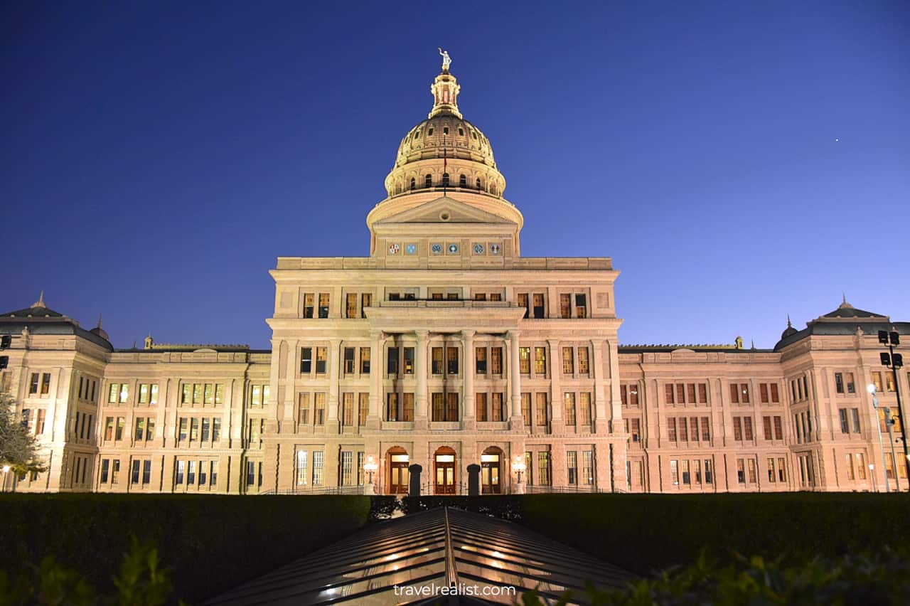 Evening view of Texas Capitol in Austin, Texas, US