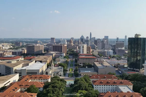 Texas Capitol and Downtown skyline view from UT Tower in Austin, Texas, US