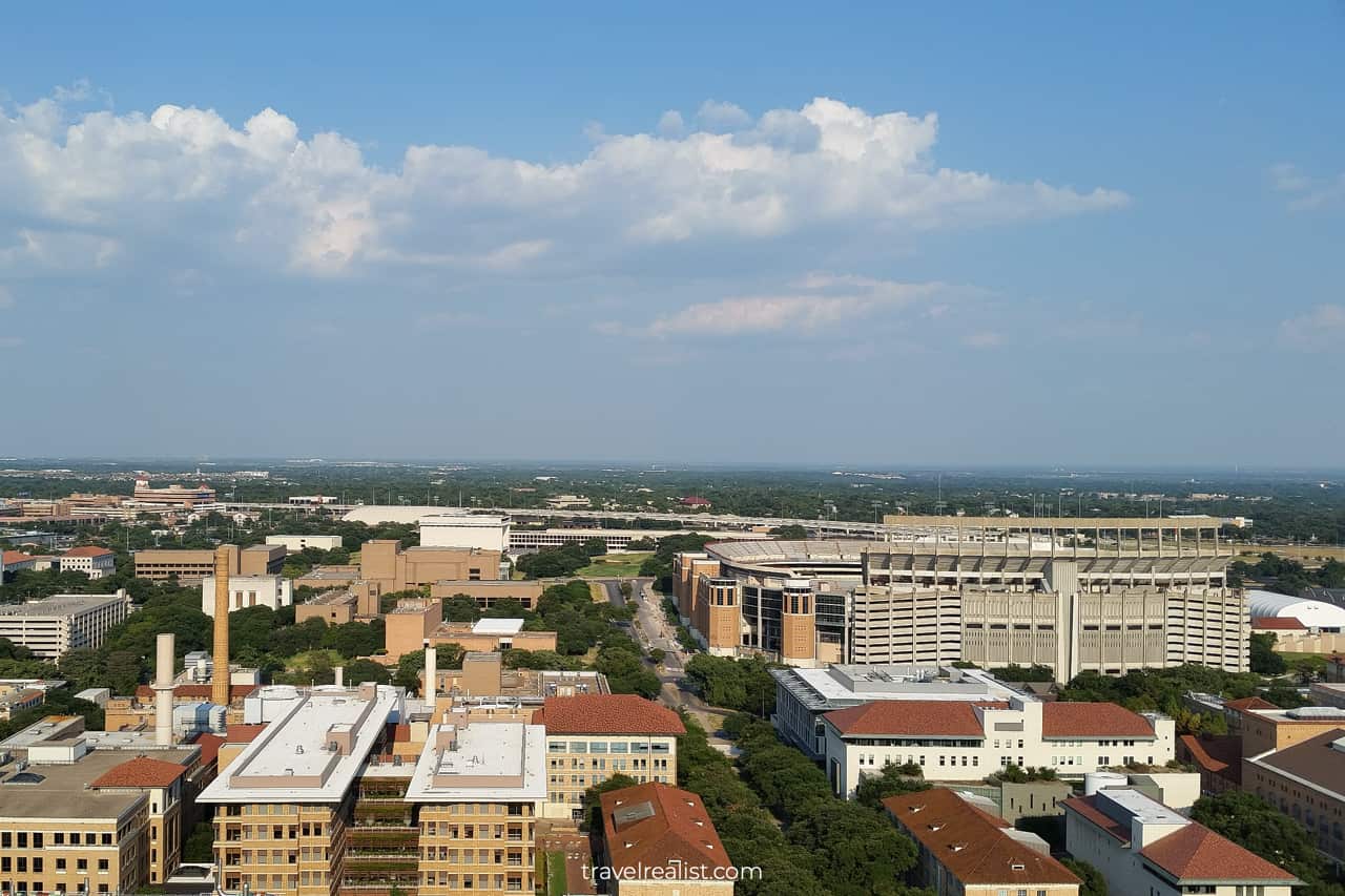 LBJ Presidential Library and Darrell K Royal Texas Memorial Stadium views from UT Tower on UT Austin campus in Austin, Texas, US