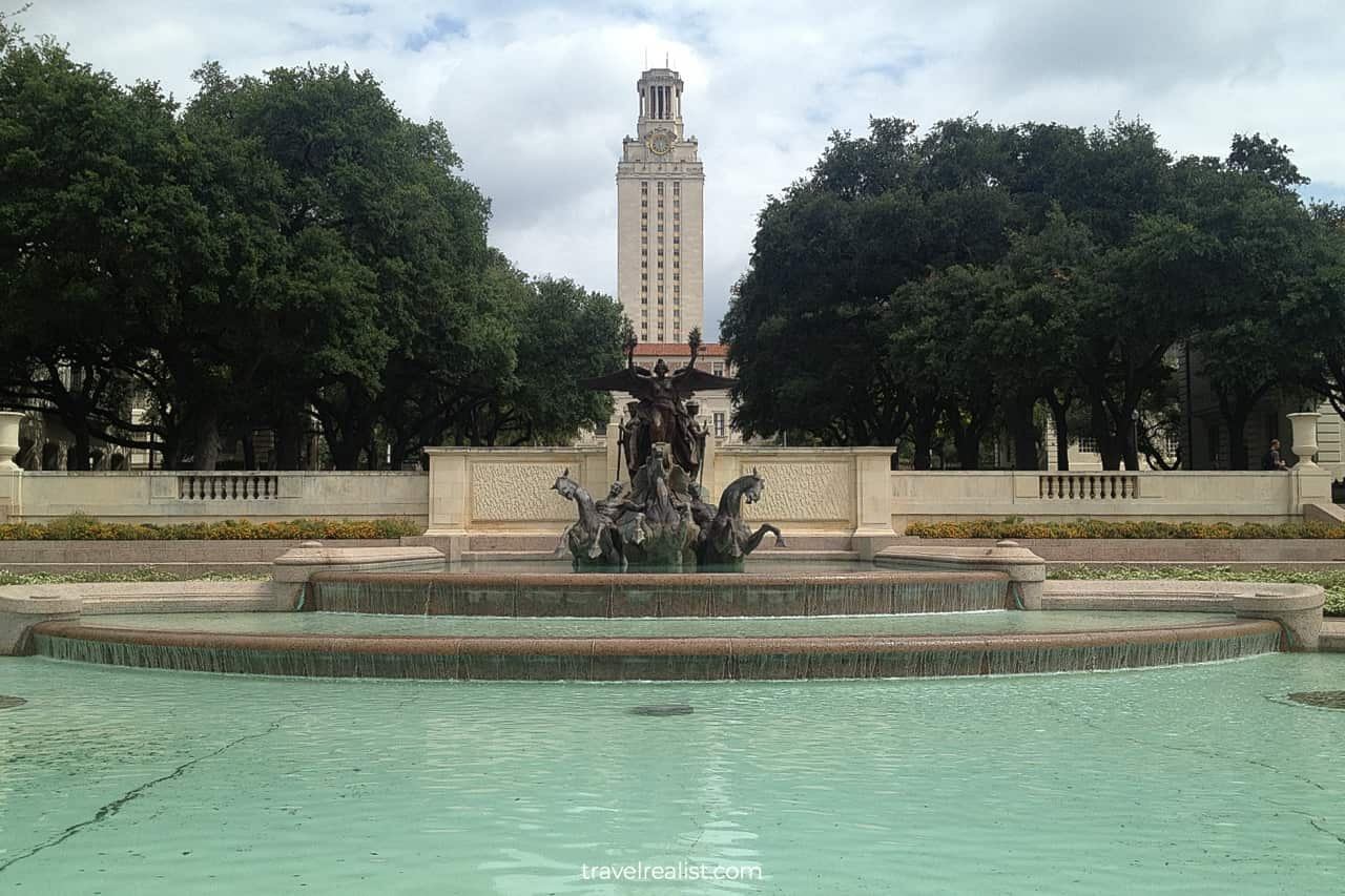 Littlefield Fountain in front of UT Tower on UT Austin Campus in Austin, Texas