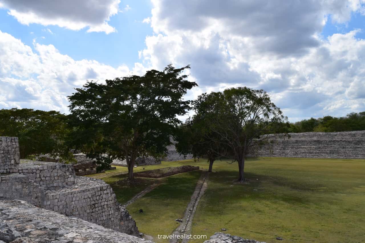 Ball Court lawns and trees in Edzna, Mexico