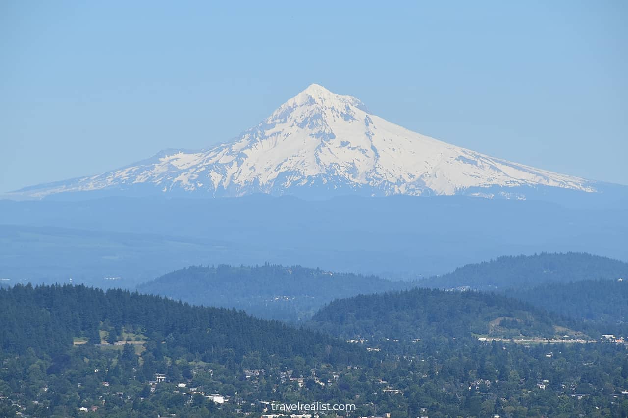 Mount Hood as viewed from Pittock Mansion grounds in Portland, Oregon, US