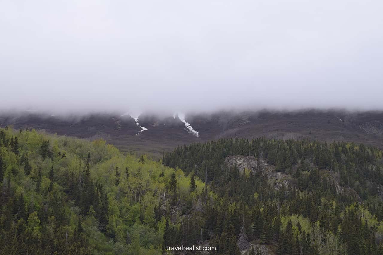Mountains covered in fog in Chitina, AK near Wrangell-St. Elias National Park & Preserve, Alaska, US