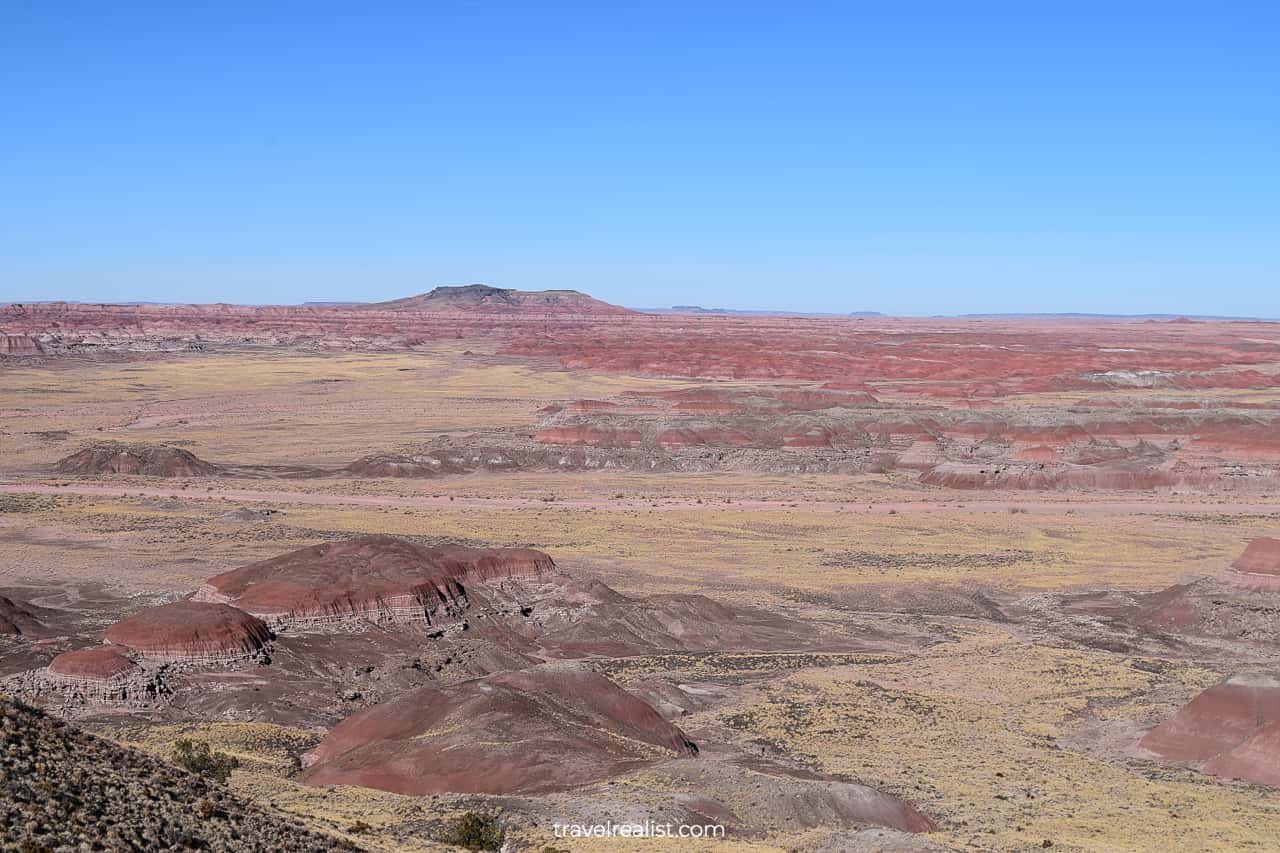 Yellow, pink, and red colors of Painted Desert Area of Petrified Forest National Park in Arizona, US