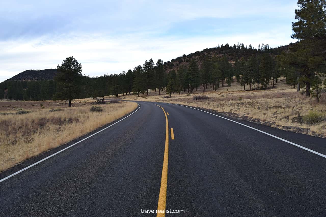 Highway in Sunset Crater Volcano National Monument in Arizona, US