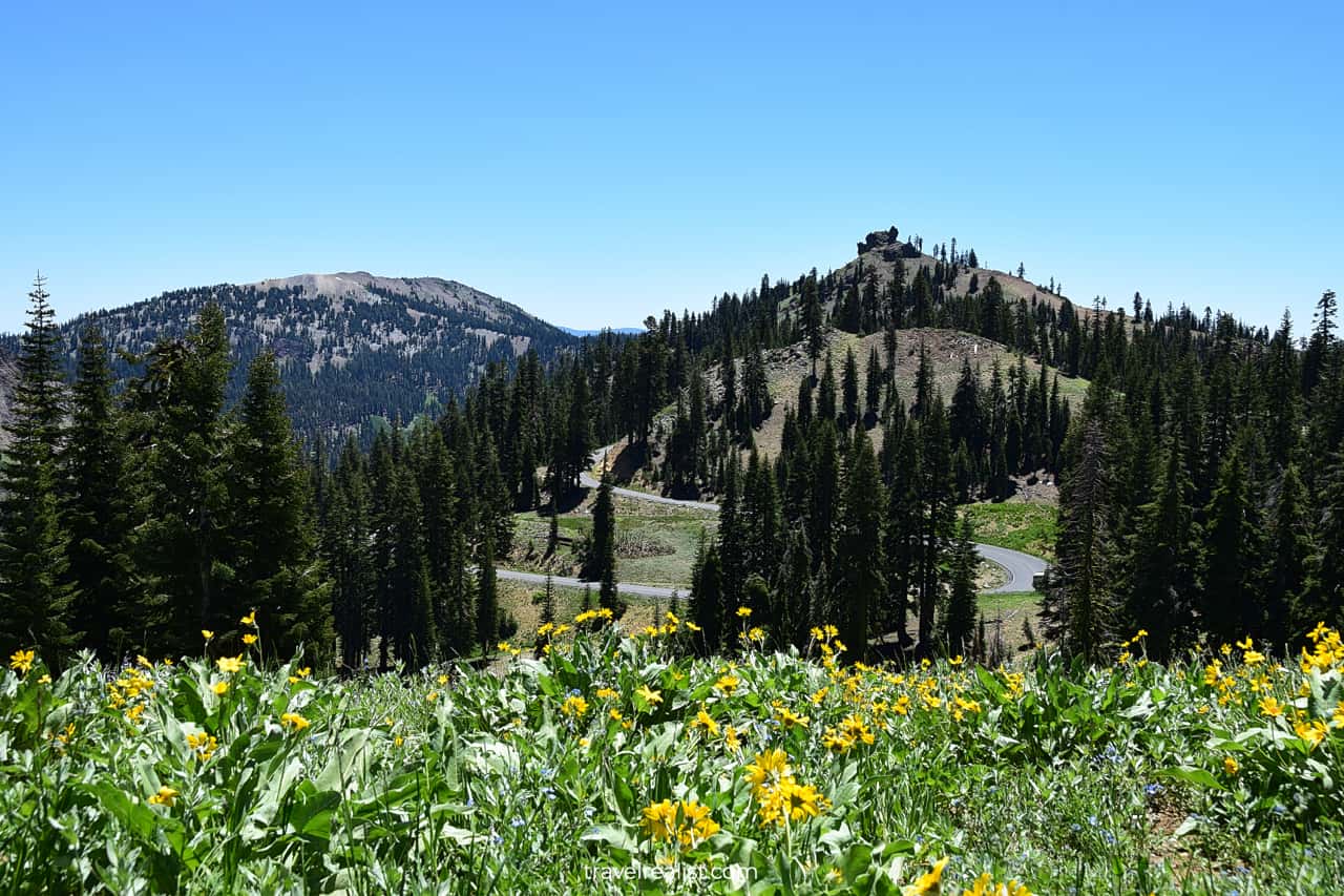 Road's high point in Lassen Volcanic National Park, California, US