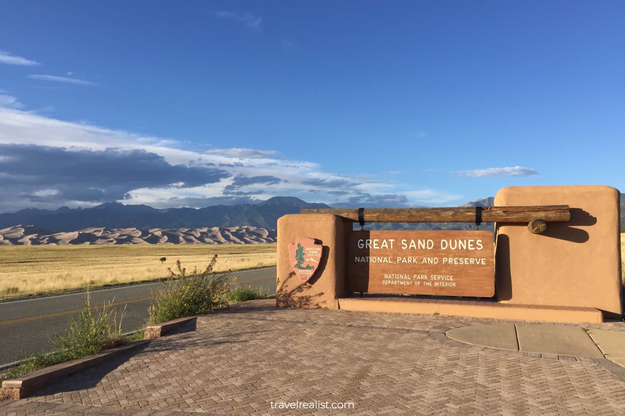 Entrance sign at Great Sand Dunes National Park in Colorado, US