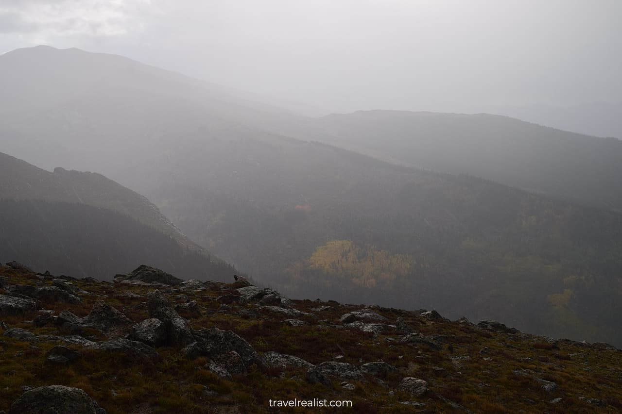 Fog and rain on Mount Evans Scenic Byway in Colorado, US