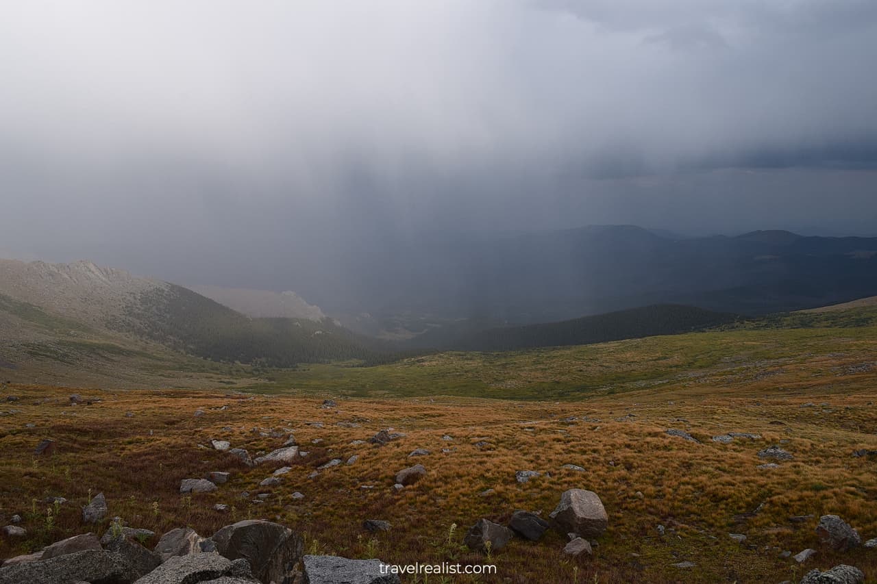 Alpine meadows during rain on Mount Evans Scenic Byway in Colorado, US
