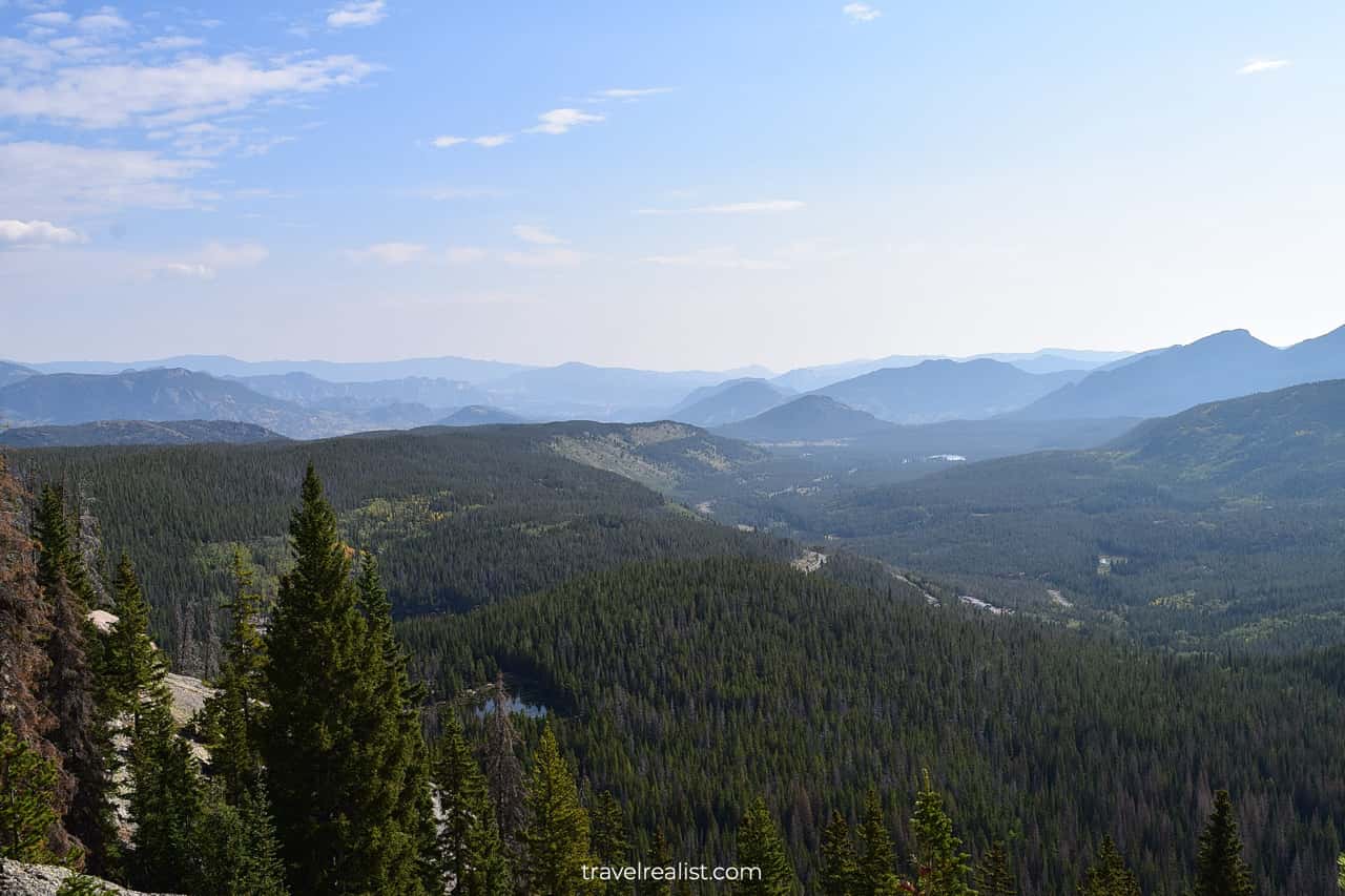Views of Rockies between Nymph and Dream Lakes in Rocky Mountain National Park, Colorado, US
