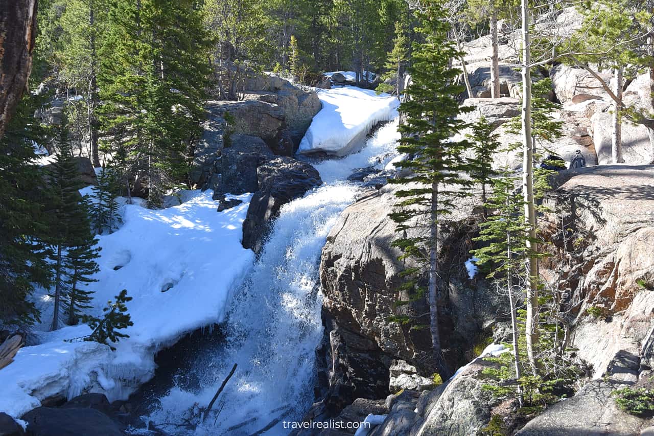 Alberta Falls and snow in Rocky Mountain National Park, Colorado, US