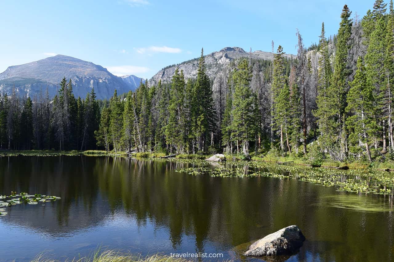Nymph Lake just minutes away from Bear Lake trailhead in Rocky Mountain National Park, Colorado, US