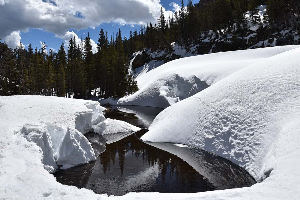 Glacier creek and melting snow in Rocky Mountain National Park, Colorado, US