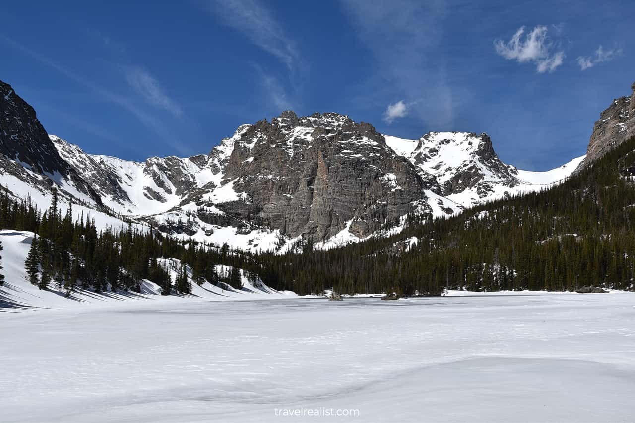 The frozen Loch lake in Rocky Mountain National Park, Colorado, US
