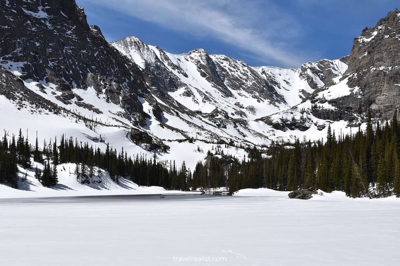 Sky Pond from distance in Rocky Mountain National Park, Colorado, US