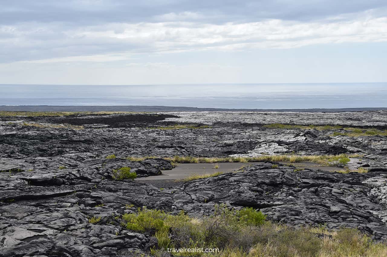 Lava on road in Hawaii Volcanoes National Park on Big Island in Hawaii, US