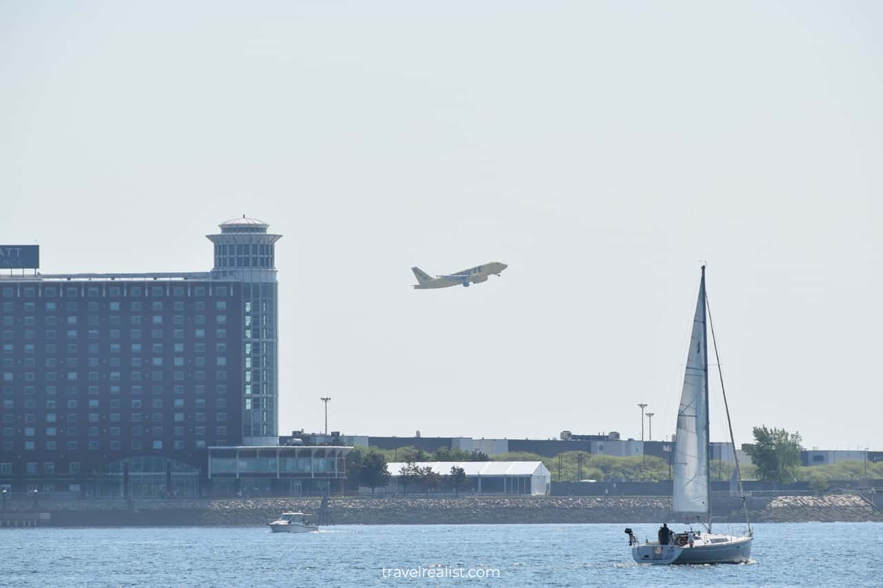 Spirit Airlines plane taking off from Boston Logan Airport in Boston, Massachusetts, US