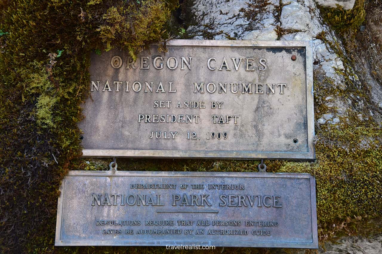 Cave's entrance plaque in Oregon Caves National Monument, Oregon, US