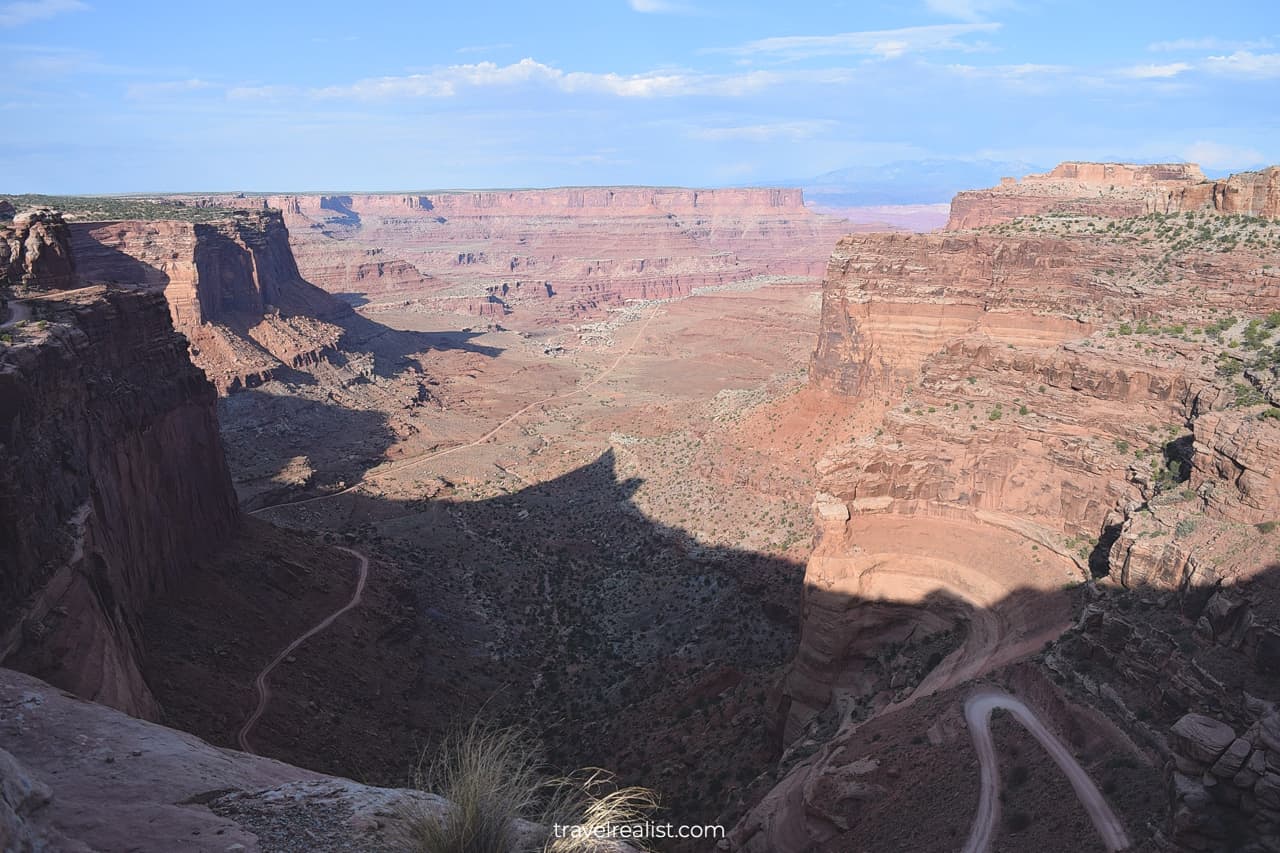 Winding dirt road through Shafer Canyon in Canyonlands National Park, Utah, US