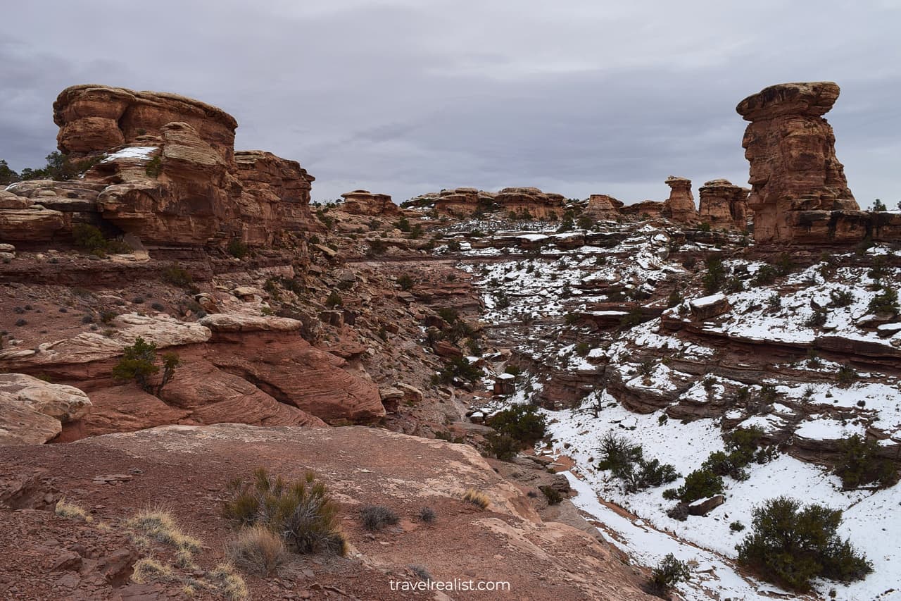 Big Spring Canyon covered in snow at Needs Unit of Canyonlands National Park in Utah, US
