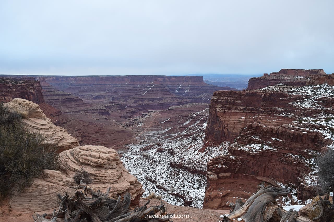 Winter views of Shafer Canyon in Canyonlands National Park, Utah, US