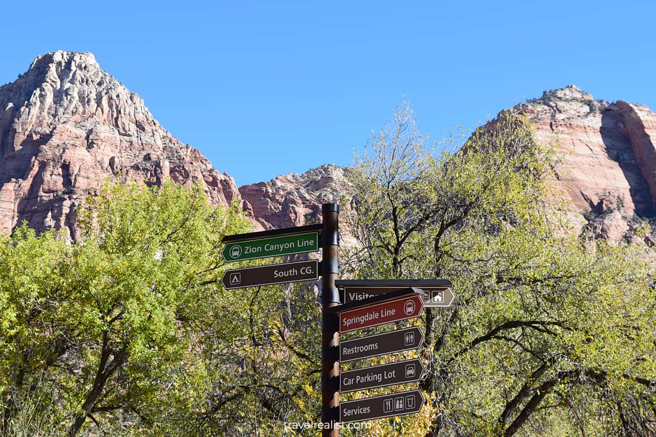 Shuttle stop at Zion Canyon Visitor Center in Zion National Park, Utah, US